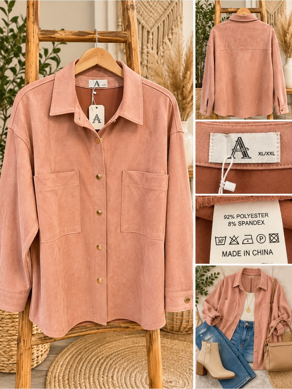 va Oversized Button-Front Shirt Jacket in Dusty Rose Size XL/XXL